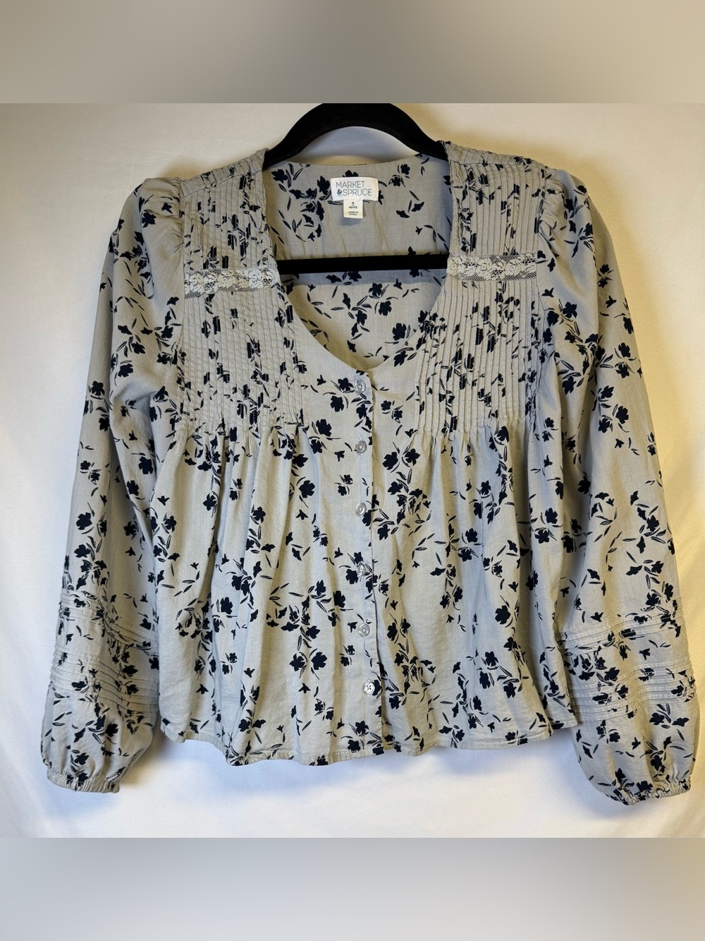 Market & Spruce Cream and Black Floral Pintuck Peasant Blouse